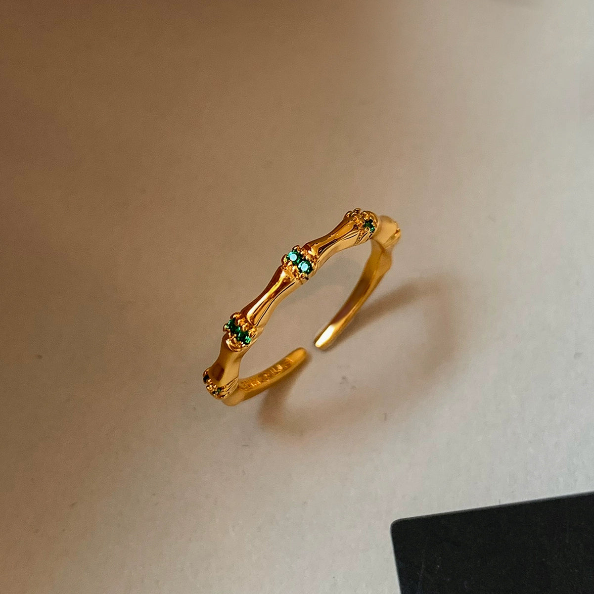 Emerald white diamond zircon opening adjustable bamboo ring women's light luxury exquisite fashion high sense middle index finger