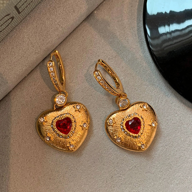 2025 New Year's red gemstone love earrings women's light luxury high-end sense unique medieval retro ear jewelry earrings