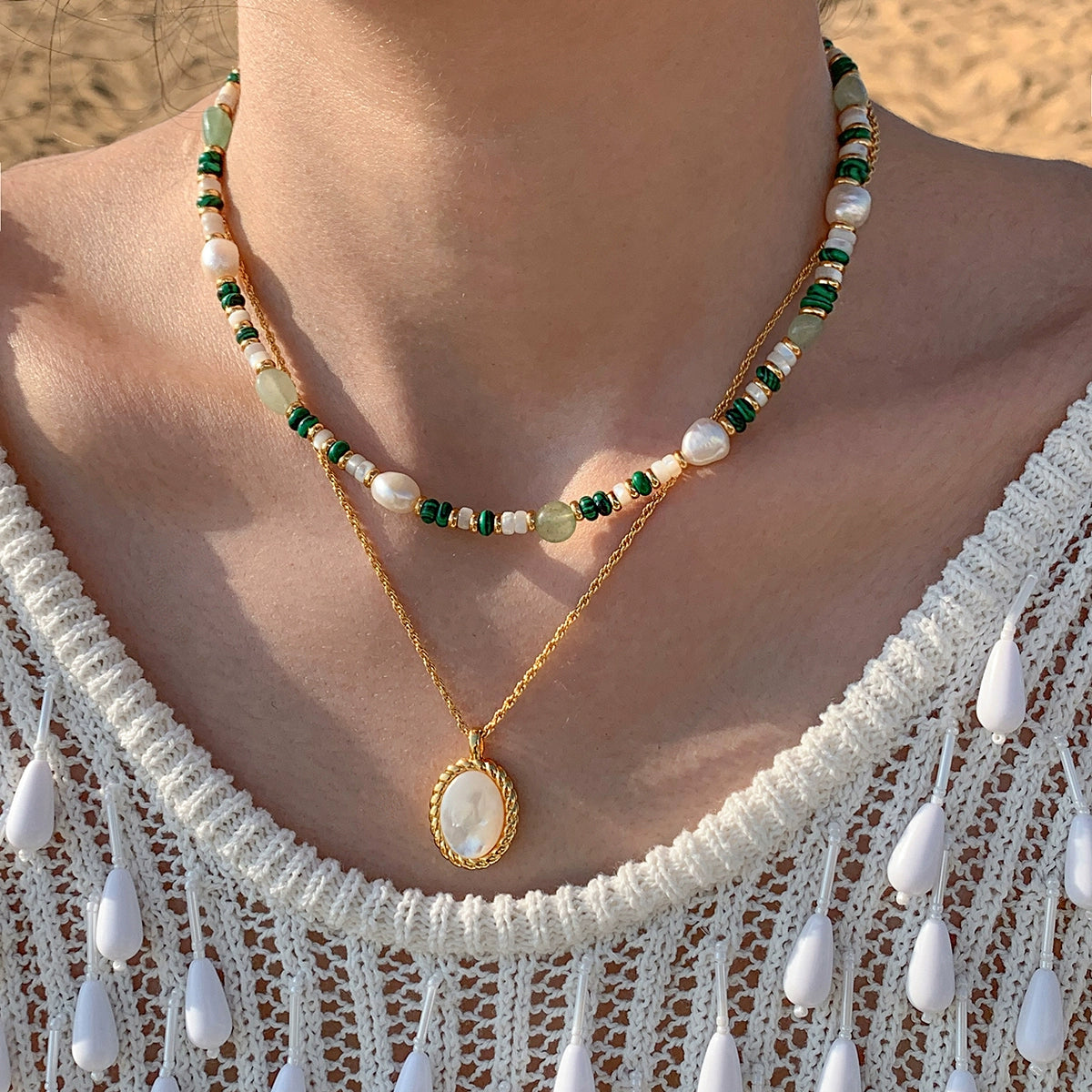 Natural pearl peacock stone green beaded necklace women's accessories light luxury niche 2025 new sweater chain neck chain