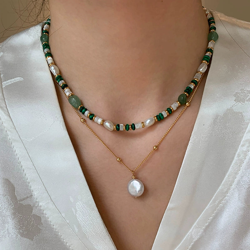 Natural pearl peacock stone green beaded necklace women's accessories light luxury niche 2025 new sweater chain neck chain