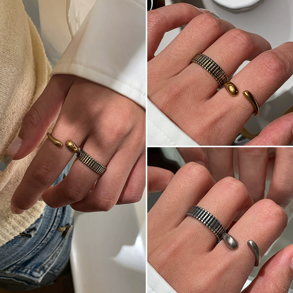 Niche design retro silver gold old ring female European and American trendy brand American index finger middle finger open ring ring