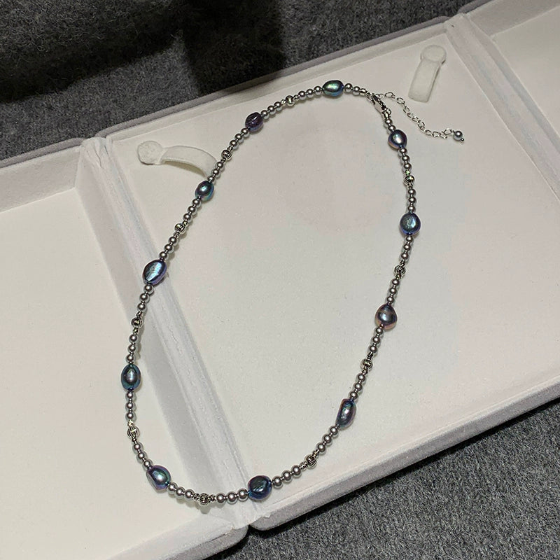 Ni Ni has the same mixed color Tahiti color, so much hemp gray pearl necklace, women's light luxury niche high-end neck chain.