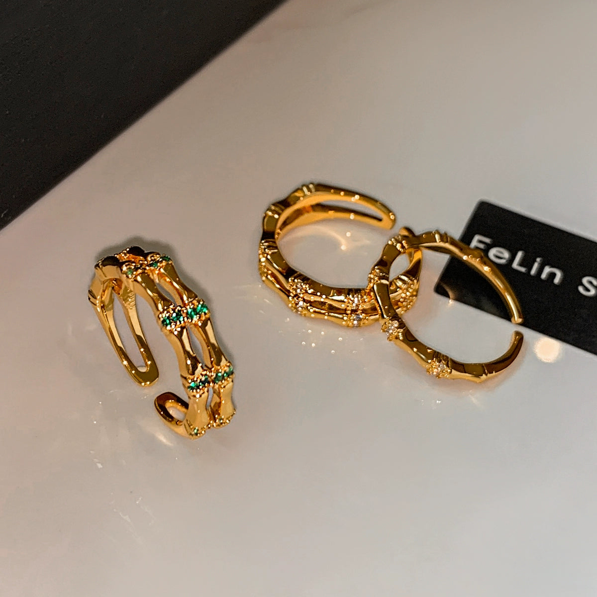 Emerald white diamond zircon opening adjustable bamboo ring women's light luxury exquisite fashion high sense middle index finger