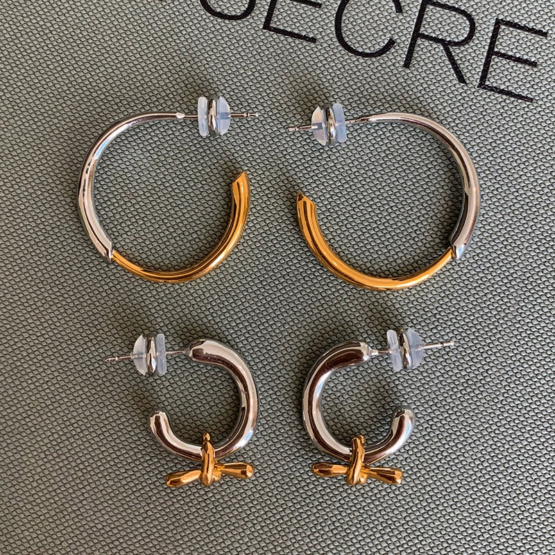 Gold and silver color matching bow C-shaped round earrings, earrings, women's niche design sense, advanced unique simple stud earrings, earrings