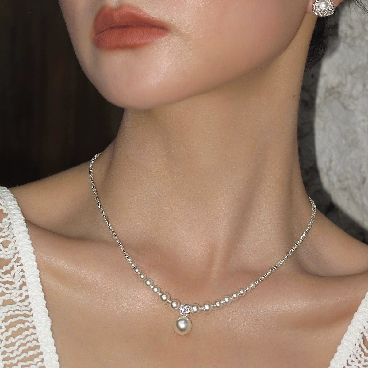 925 Sterling Silver Broken Silver Australian White Pearl Pendant Necklace Women's Accessories Summer Light Luxury Premium Collarbone Necklace