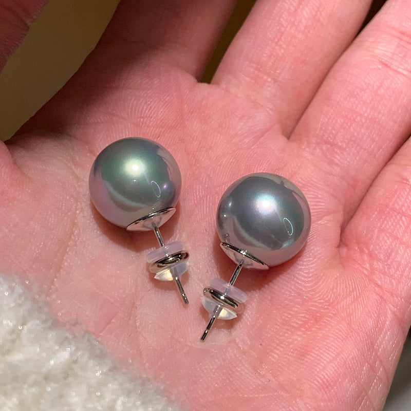 French real hemp platinum silver gray colorful large pearl stud earrings women's exquisite light luxury high-end earrings earrings