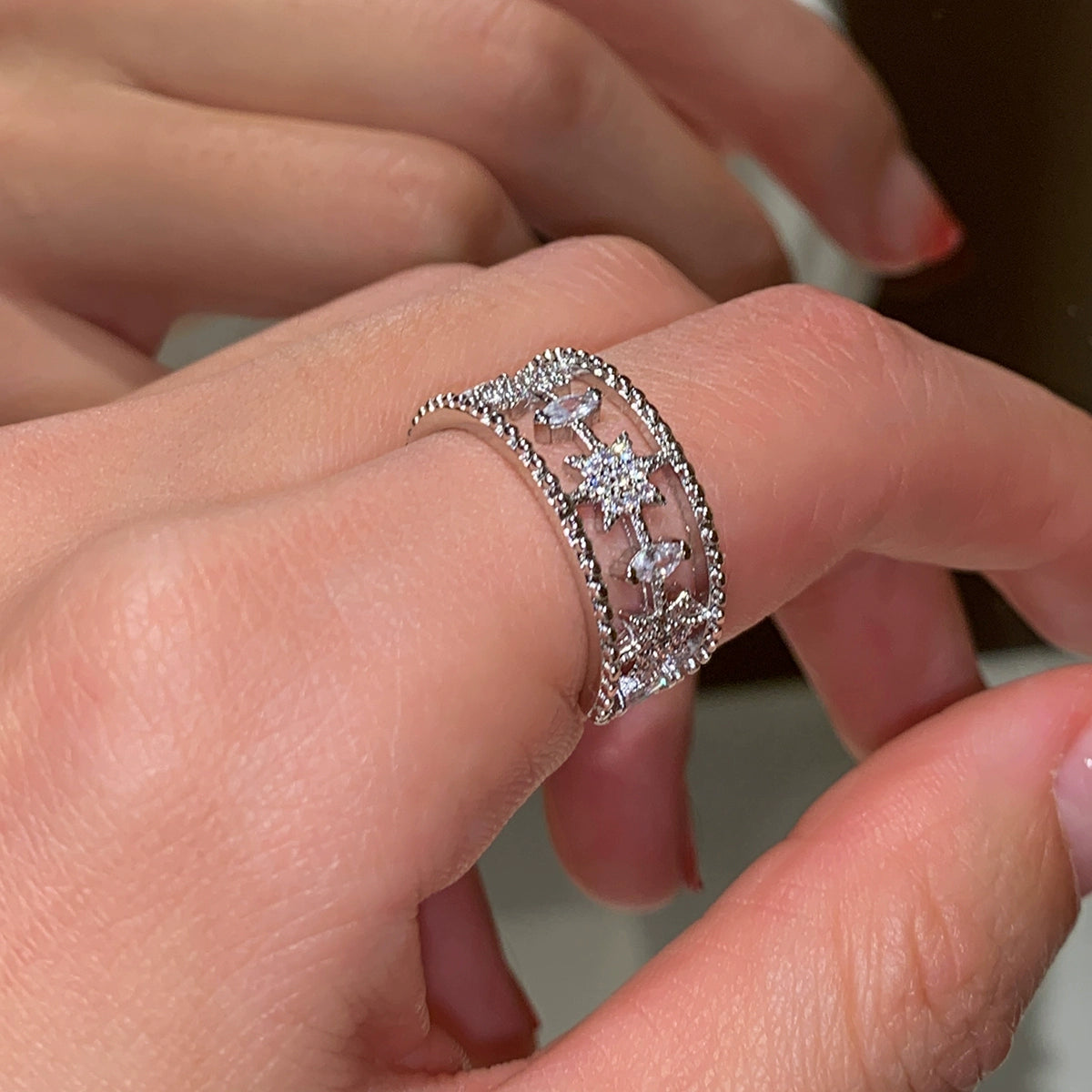 2025 new full diamond zircon wide version hexagram star opening ring women's fashion personality light luxury niche high sense