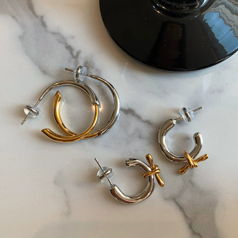 Gold and silver color matching bow C-shaped round earrings, earrings, women's niche design sense, advanced unique simple stud earrings, earrings