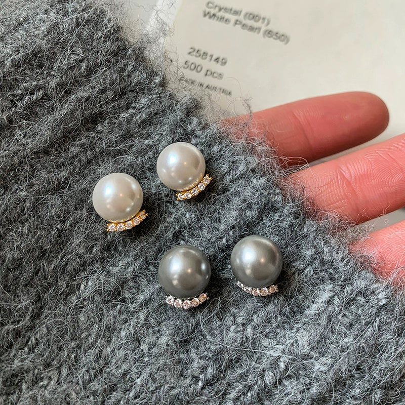 French real hemp silver gray Australian white diamond-encrusted pearl stud earrings women's 2025 new popular high-end earrings earrings