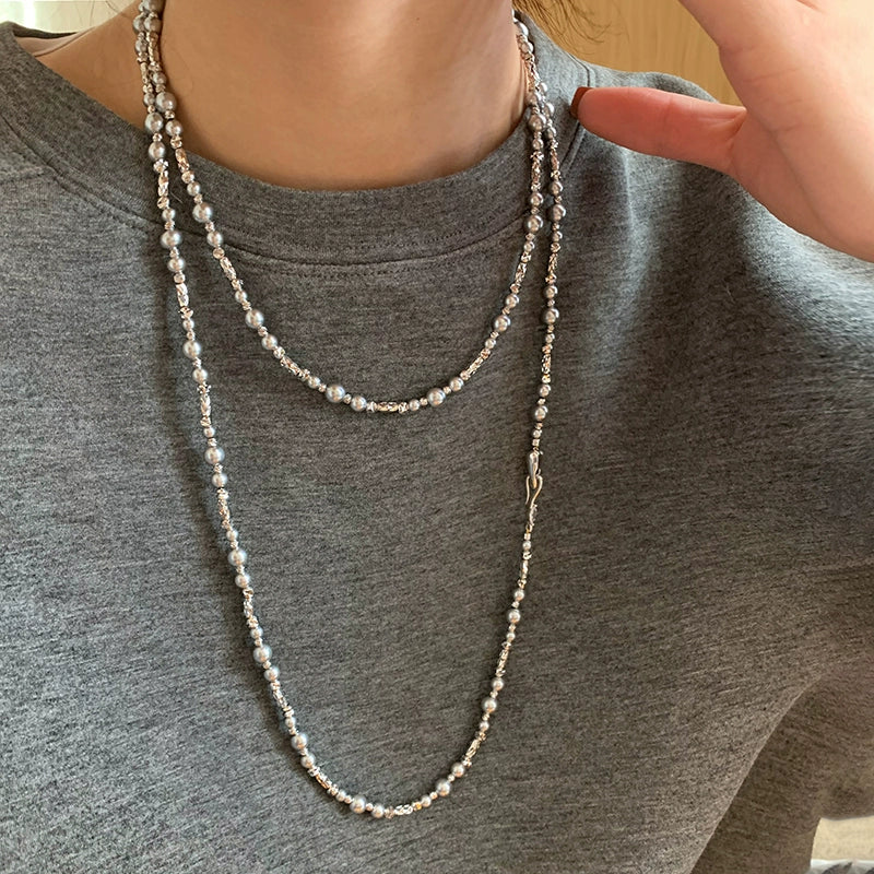 Maduo hemp gray gypsy French long pearl necklace women's light luxury niche double-layer stacked collarbone chain neck chain