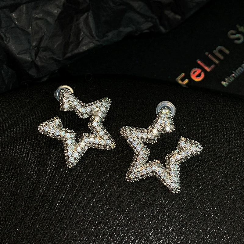 Silver zircon five-pointed star full diamond earrings women's light luxury niche high-end sense unique 2025 new earrings earrings