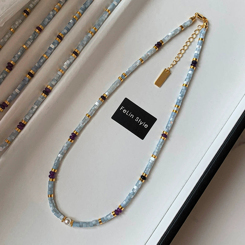 Natural stone white butterfly shell light blue beaded necklace women's high-end light luxury niche high-end 2025 new neck chain