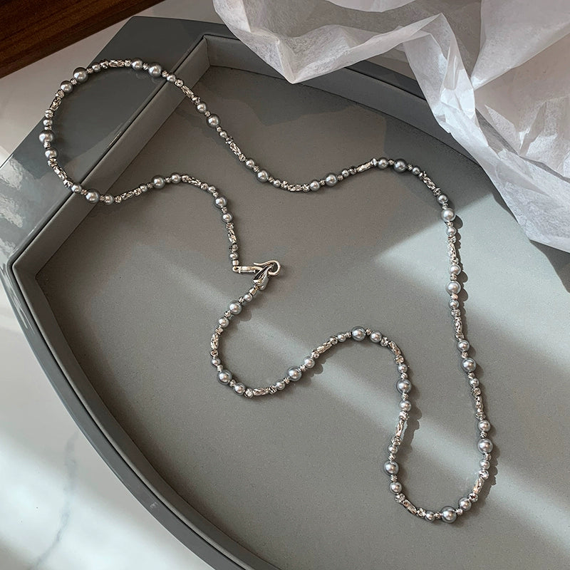 Maduo hemp gray gypsy French long pearl necklace women's light luxury niche double-layer stacked collarbone chain neck chain