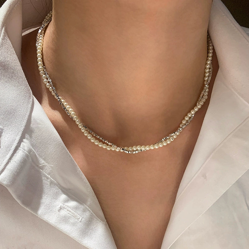 925 sterling silver broken silver natural freshwater millet beads pearl necklace women's autumn stacked wear 2025 new French neck chain