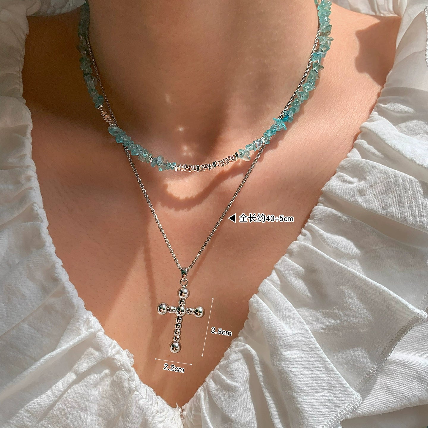 Natural green glazed crystal color broken silver necklace for women, suitable for summer seaside light luxury high-end blue-green necklace