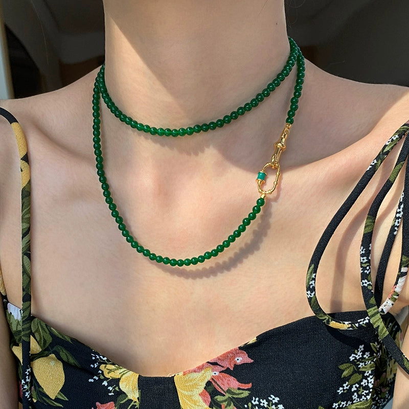 New Chinese long natural stone green chalcedony beaded necklace women's accessories light luxury niche 2025 new sweater chain