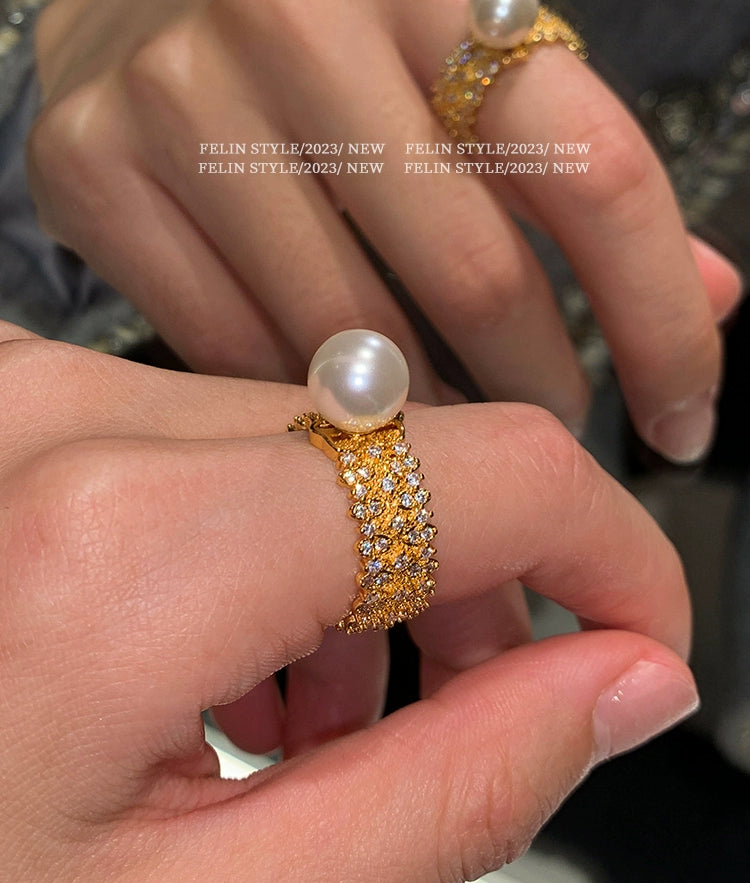 Wide version full diamond opening Australian white pearl ring women's fashion personality light luxury exquisite niche high sense adjustable