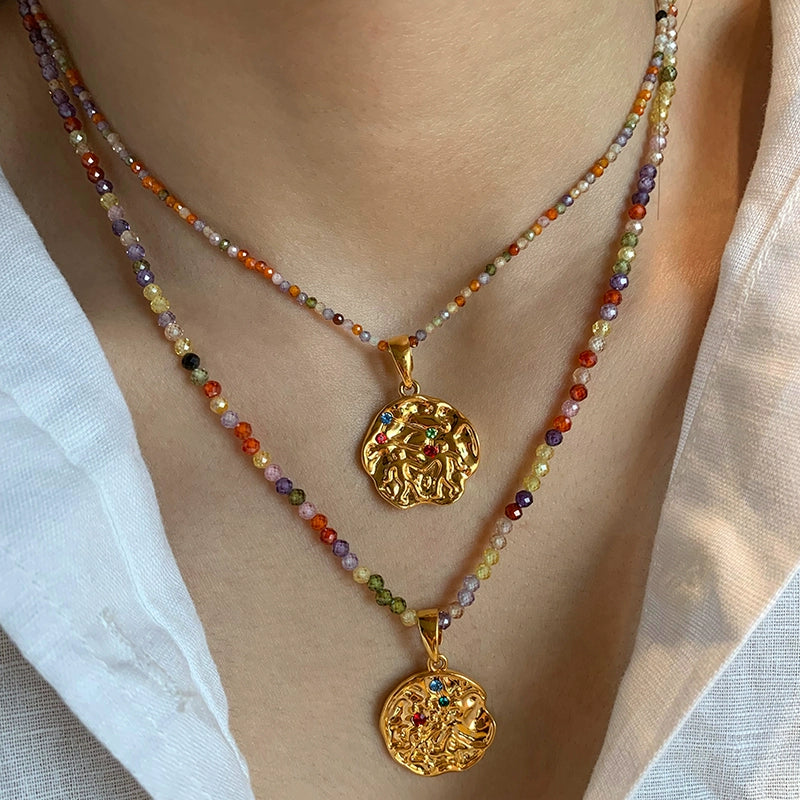 Twelve constellations gold coin pendant dopamine color beaded necklace women's summer accessories light luxury niche collarbone chain