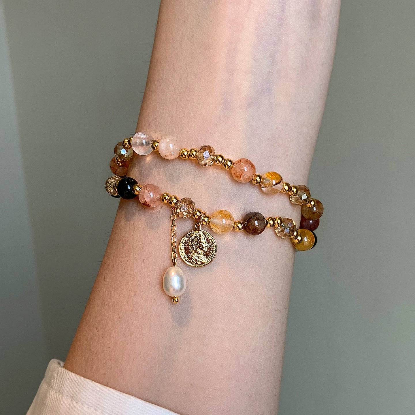 Double-layer stacked wearing lucky yellow pink crystal bracelet women's summer 2025 new light luxury niche exquisite premium bracelet