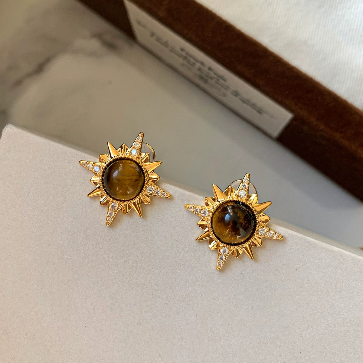925 Silver Needle Natural Tiger's Eye Sun Flower Gold Stud Earrings Women's Premium Sense 2025 New Unique Earrings Earrings