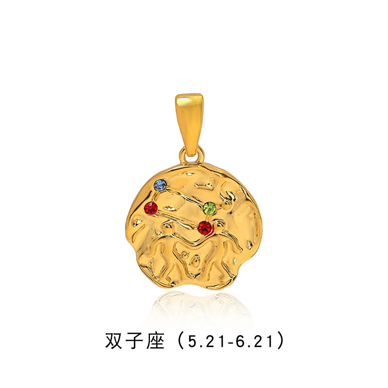 Twelve constellations gold coin pendant dopamine color beaded necklace women's summer accessories light luxury niche collarbone chain