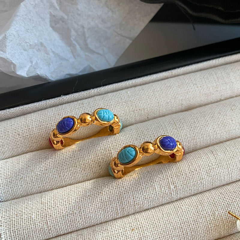 European and American French medieval colored gemstones, middle finger index finger ring, women's fashion personality, light luxury, niche, exquisite and advanced sense