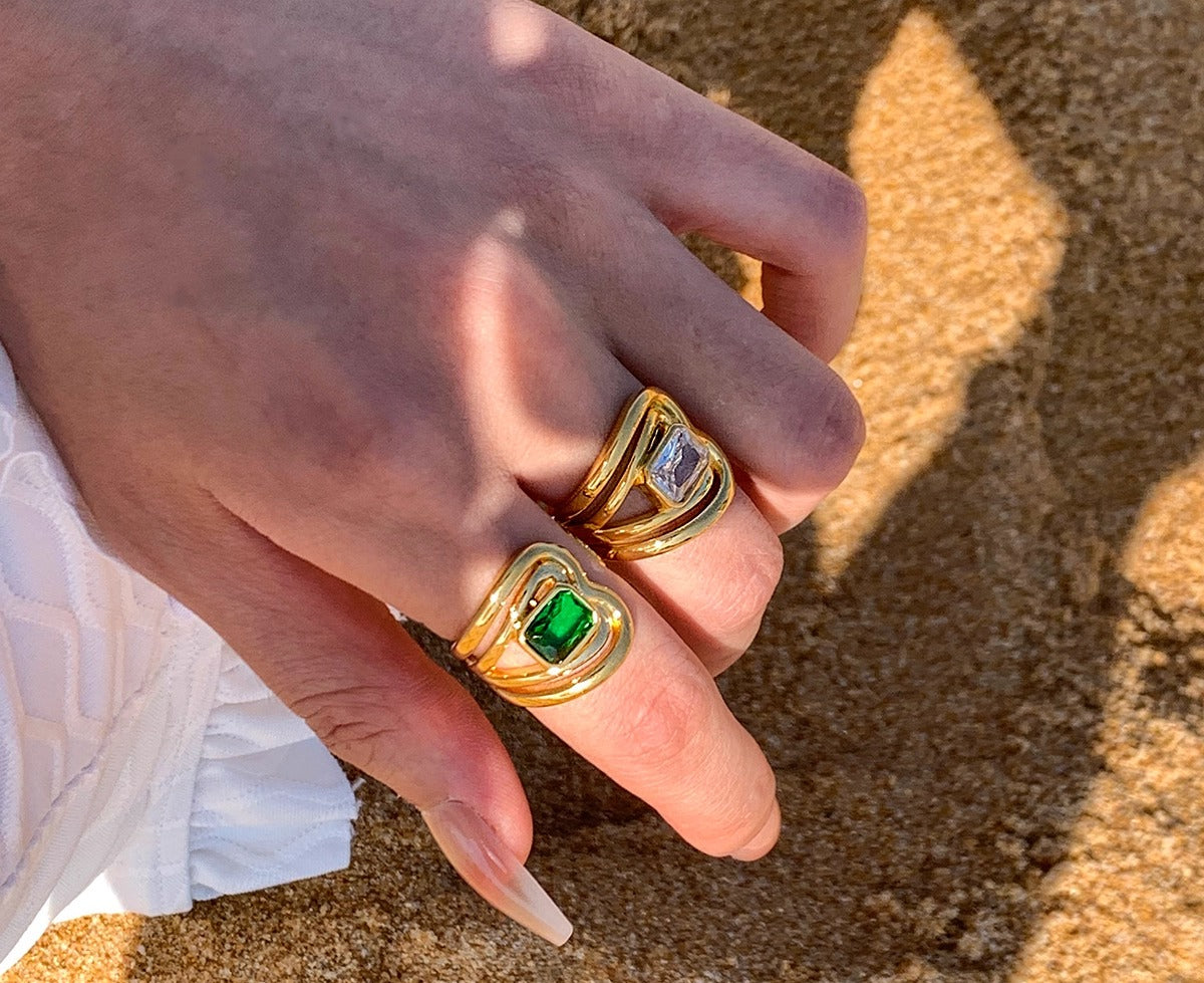 European and American exaggerated personality green mother green zircon diamond open ring female middle finger index finger light luxury niche high sense