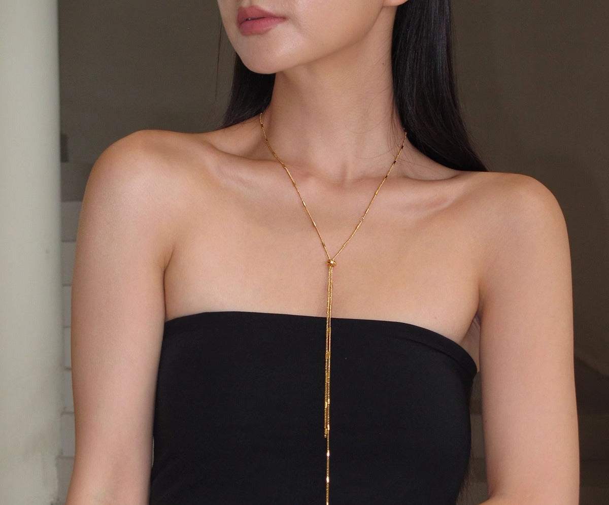 Pull adjustable long gold and silver metal plain chain necklace women's accessories summer light luxury niche premium collarbone chain