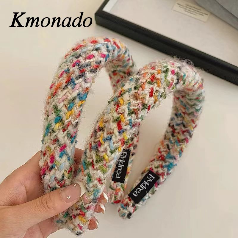 Korean color woven plaid wool headband women's pressure hair wash face high skull top headband sweet and versatile