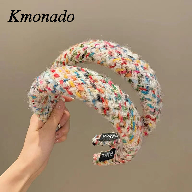 Korean color woven plaid wool headband women's pressure hair wash face high skull top headband sweet and versatile