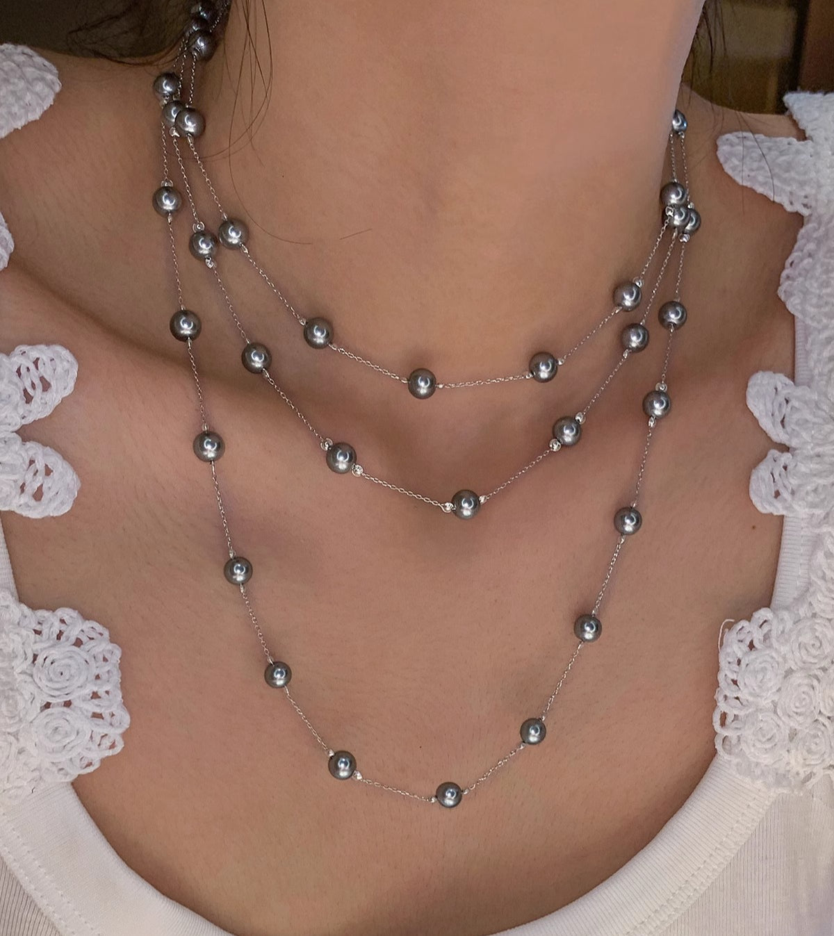 925 sterling silver gypsy star real hemp silver gray pearl necklace women's long double-layer multi-layer stacked premium neck chain