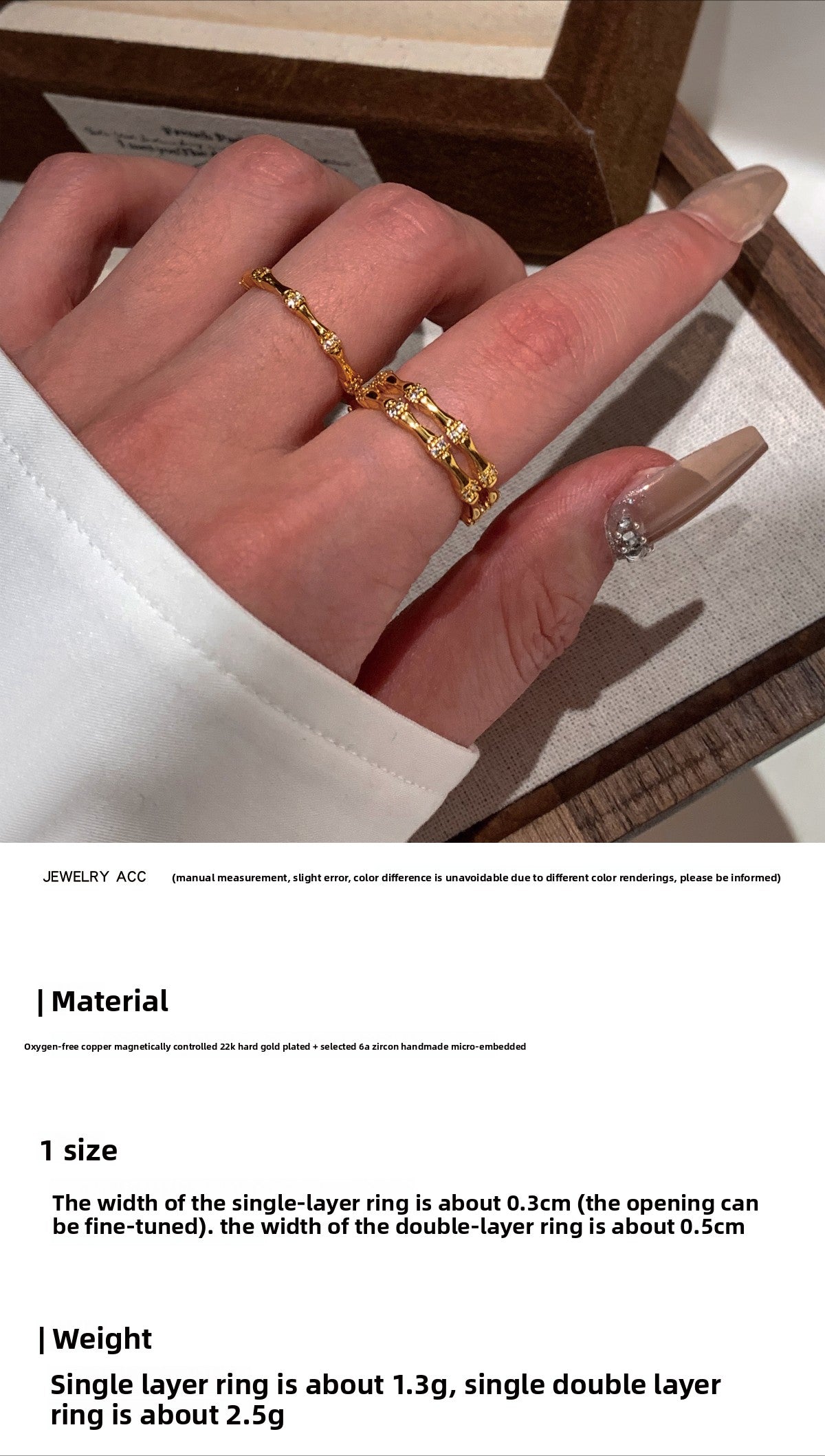 Emerald white diamond zircon opening adjustable bamboo ring women's light luxury exquisite fashion high sense middle index finger