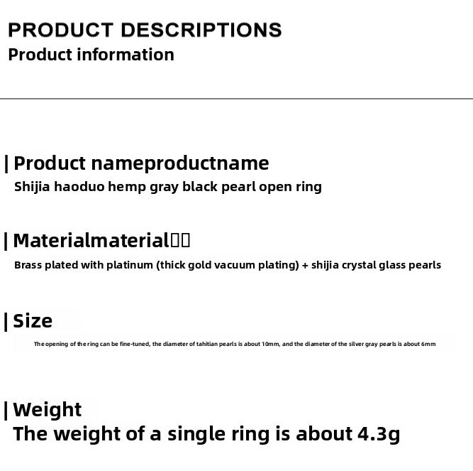 Tahitian black silver gray pearl open middle finger index finger ring women's fashion personality exquisite light luxury high-end niche