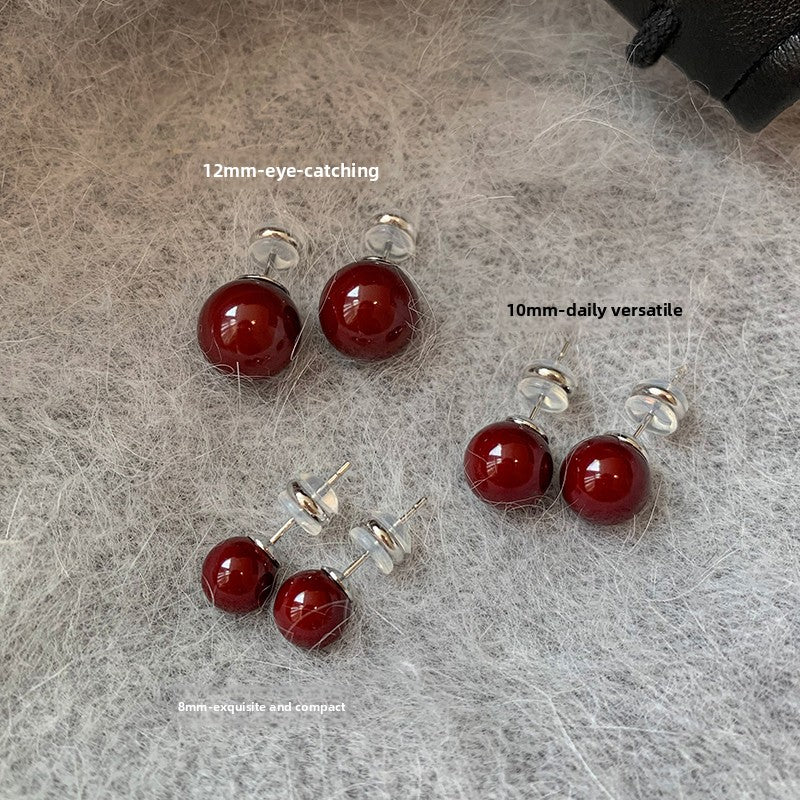 S925 silver needle red stud earrings women are suitable for Chinese New Year jewelry 2025 new high-end red pearl earrings earrings