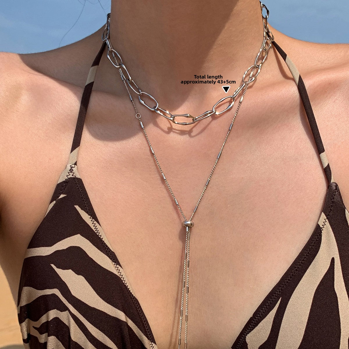 Pull adjustable long gold and silver metal plain chain necklace women's accessories summer light luxury niche premium collarbone chain